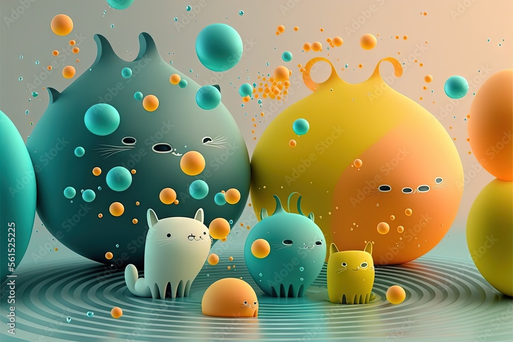Poster a group of cats and a cat sitting in a pool of water with bubbles and bubbles on the surface of the 