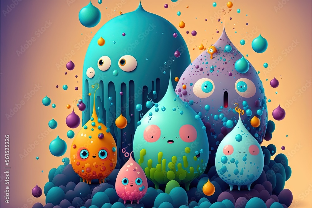 Poster a group of colorful cartoon creatures with bubbles and bubbles on them, all in different colors and 