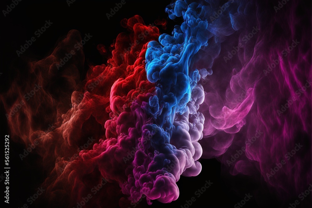 Poster a group of smokes that are colored in different colors and shapes, on a black background, with a bla