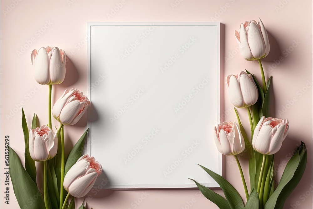 Poster a white frame with pink flowers and a white sheet of paper on a pink background with green leaves an
