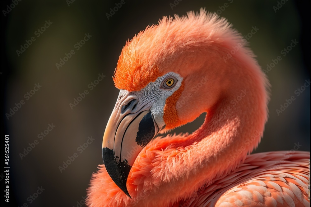 Poster a close up of a flamingo with a black background and a blurry background behind it, with a single fl