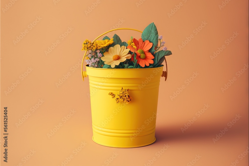 Aufkleber a yellow bucket with flowers in it on a pink background with a shadow of a person holding a flower p