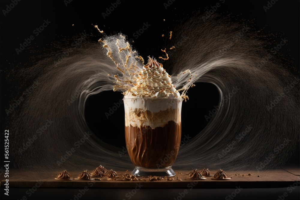 Poster a cup of coffee with a splash of chocolate on top of it and a black background with a swirl of choco