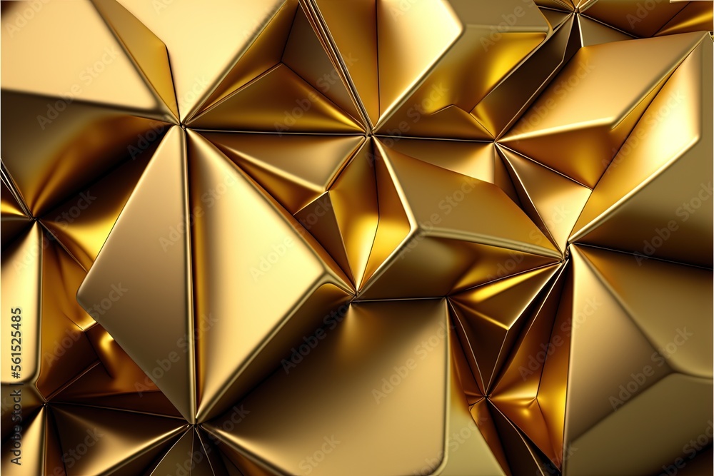 Poster a gold background with a very large amount of metallic shapes on it's surface, including a pyramid, 