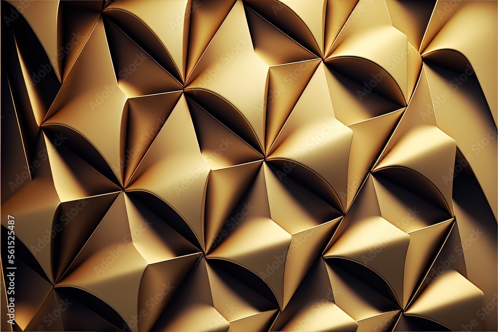 Poster a gold background with a very large pattern of shapes and sizes of metallic foil on it's surface, wi