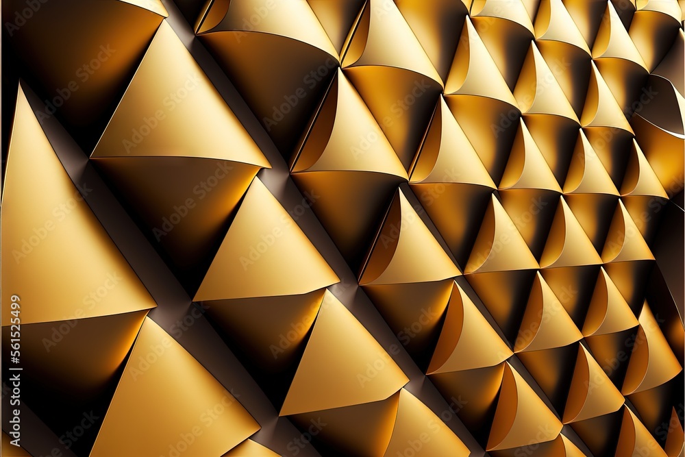Poster a gold wall with a very large amount of metallic shapes on it's side and a black background with a w