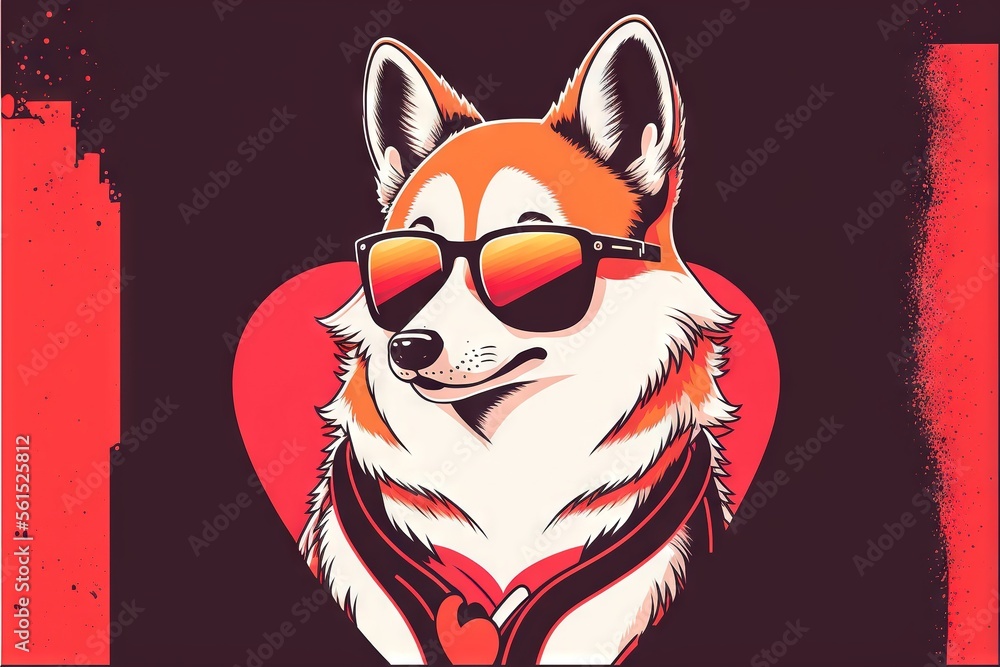 Poster a dog wearing sunglasses and a jacket with a heart shaped object in the background of the image is a