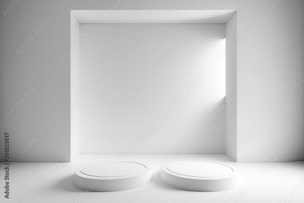 Poster a wide angle illustration of a white wall background with two empty podiums for advertising and prod