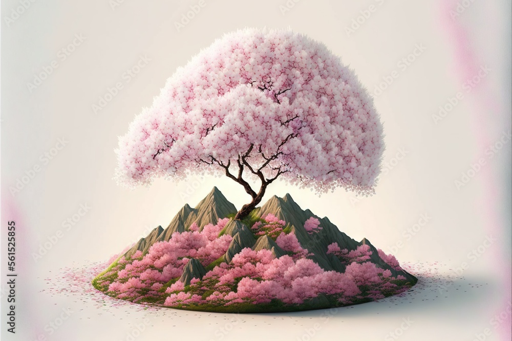 Poster a tree with pink flowers on a hill with a sky background and a pink sky background with mountains an