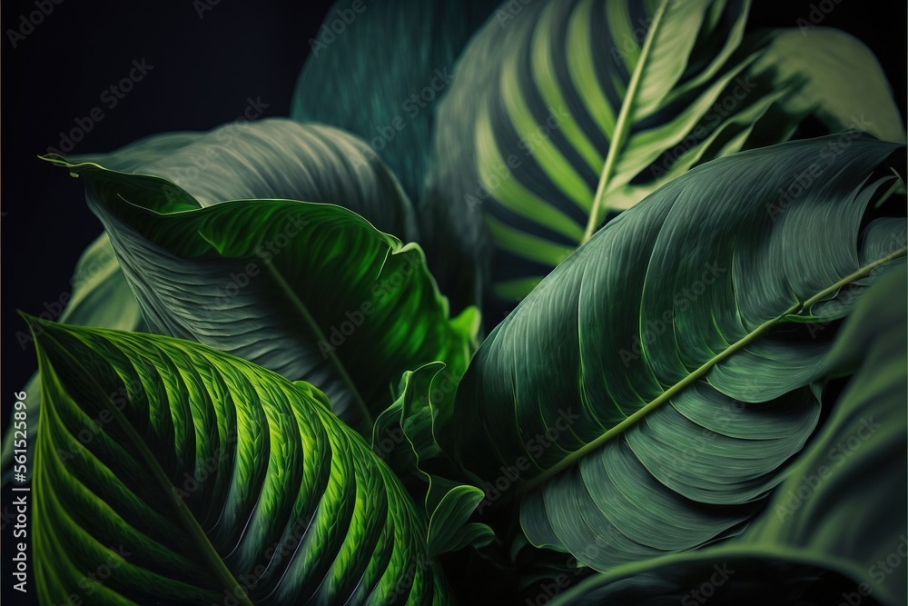 Poster a green plant with large leaves on it's side and a dark background with a white border around it and