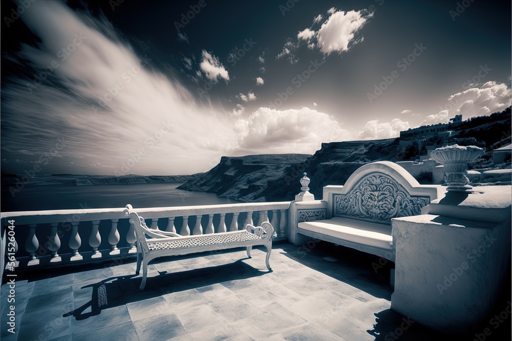 Poster a bench sitting on top of a stone patio next to a cliff under a cloudy sky with clouds above it and 
