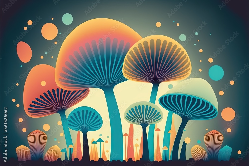 Poster a group of mushrooms that are in the grass with a sky background and a city in the background with b