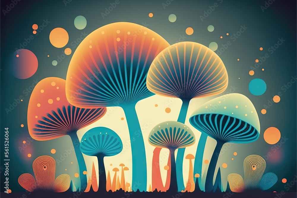 Aufkleber a painting of a group of mushrooms in a field with a full moon in the background and a blue sky with