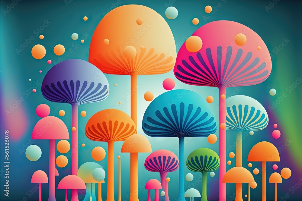 Poster a painting of a group of trees with different colors and shapes on them, with bubbles and bubbles in