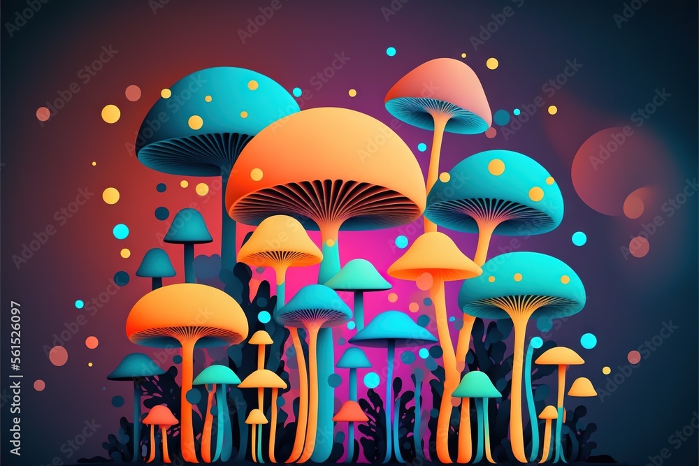 Poster a group of mushrooms with different colors and sizes on them, all in a row, with a dark background a