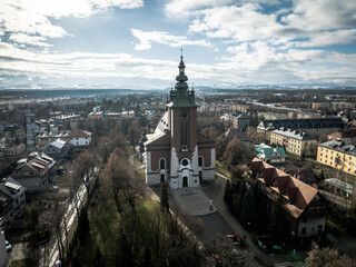 Aerial view of the church in Nowy Targ, Poland