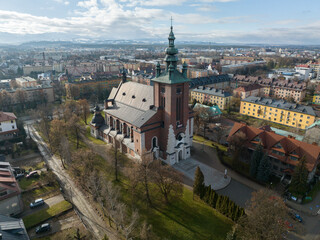 Aerial view of the church in Nowy Targ, Poland - obrazy, fototapety, plakaty