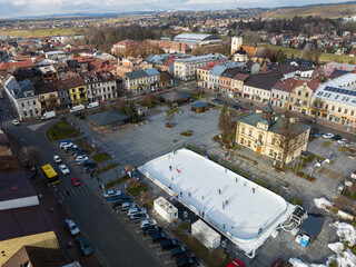 Aerial view of the center of the city of Nowy Targ in Poland