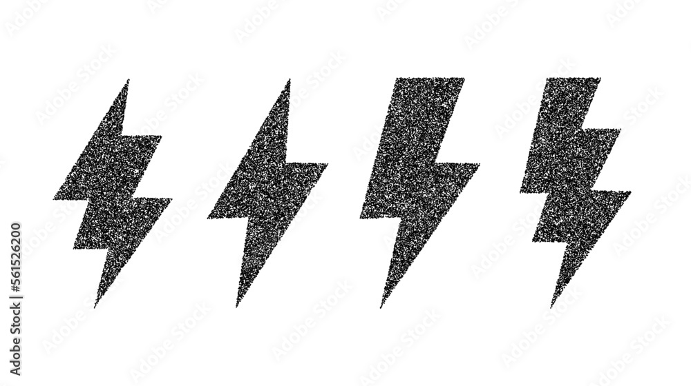 Poster grunge lightning bolt set. black noise texture thunderbolt collection. stipple flash symbols. dotted