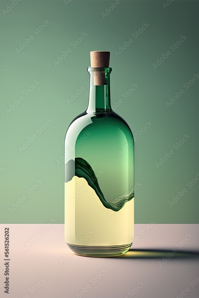 Aufkleber a bottle of liquid with a wooden cap on a table with a green background and a shadow of a wave on th
