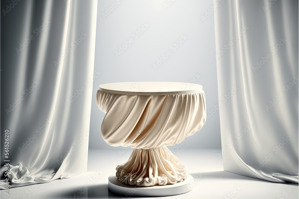 Poster a white table with a white cloth draped over it and a white curtain behind it, in front of a gray ba