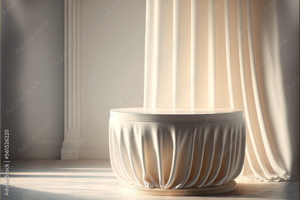 Poster a white vase sitting on top of a table next to a window with curtains behind it and a curtain behind