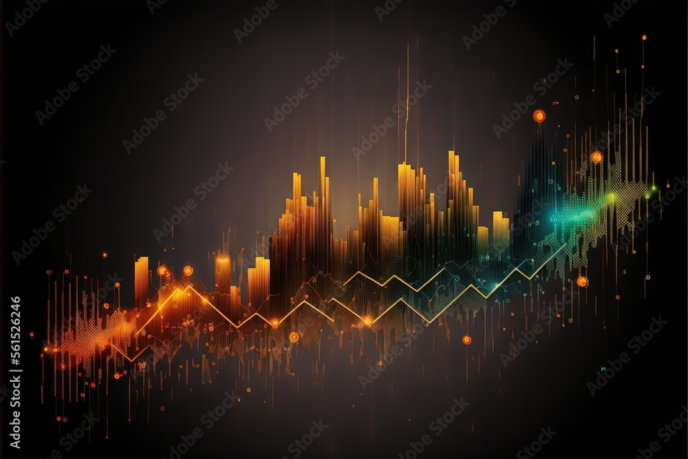 Poster a colorful graphic of a city with buildings and lights on a dark background with a neon glow coming 