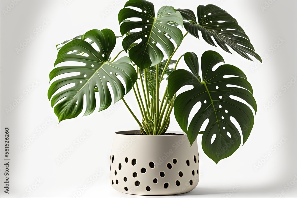 Poster a plant with large leaves in a white pot on a table top with a white background and a white backgrou
