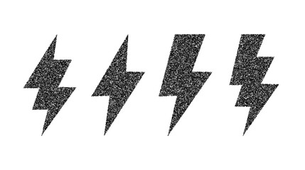 Grunge lightning bolt set. Black noise texture thunderbolt collection. Stipple flash symbols. Dotted grain lightning strike signs. Vector