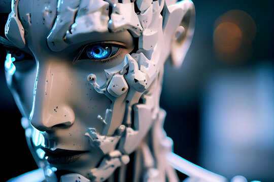 The Flow of Time: A Close-Up Portrait of an Incomplete Humanoid Android Covered in White Porcelain Skin, Blue Eyes, and Glowing Internal Parts.
