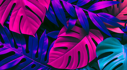 Tropical Neon Palm Leaves Seamless Pattern. Jungle Purple Colored Floral Background. Summer Exotic Botanical Foliage Design with Tropic Plants for Fabric, Fashion Textile, Wallpaper.