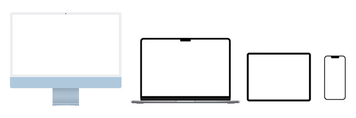 Computer monitor, pc, desktop, laptop, notebook, tablet, smartphone set transparent png. Blank screen devices for mockup.