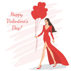 Beautiful young woman in a stylish red dress posing with heart-shaped balloons. Happy Valentine's Day background with fashion girl. Vector illustration of an attractive girl in love.