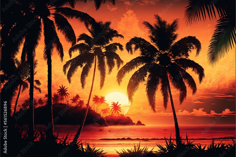 Poster a painting of a sunset with palm trees and a beach in the background with a boat in the water and a 