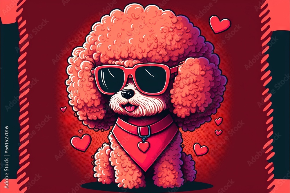Poster a poodle with sunglasses and a bandana on it's head is sitting on a red background with hearts and a