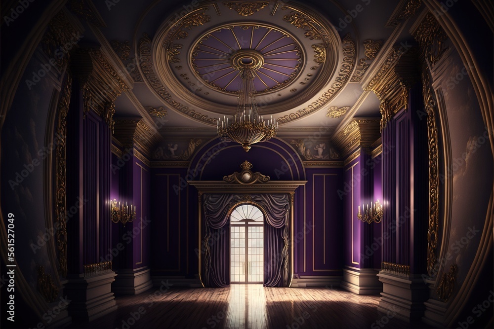 Poster a room with a door and a chandelier in it and a chandelier hanging from the ceiling above it and a d