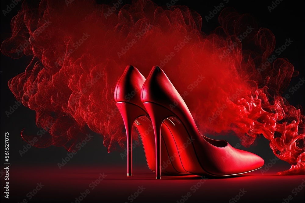 Poster a pair of red high heeled shoes with a red smoke trail behind them on a black background with a red 