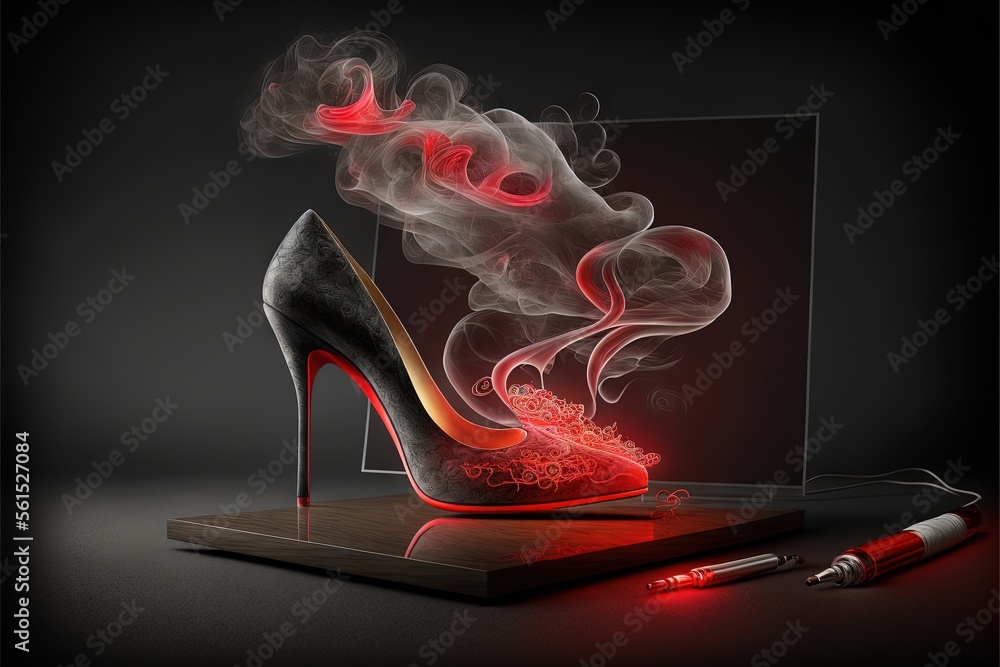 Poster a pair of high heeled shoes with smoke coming out of them on a wooden platform with a mirror behind 