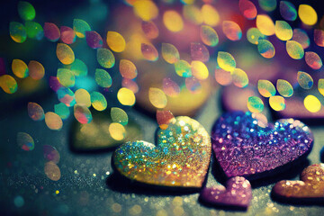 Beautiful colorful glittering hearts, colorful bokeh background, rainbow hearts, sequins, St. Valentine's Day, Generative AI