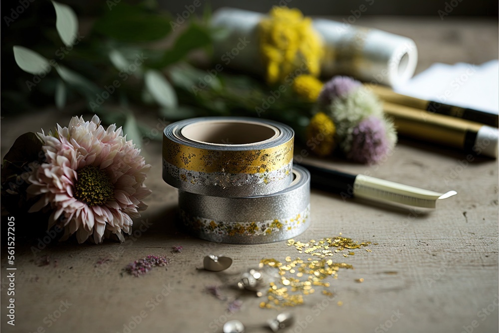 Poster a table with a bunch of flowers and a tape measure on it with a pen and some other items nearby on i