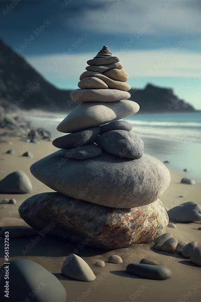 Poster a stack of rocks sitting on top of a sandy beach next to the ocean with a mountain in the background