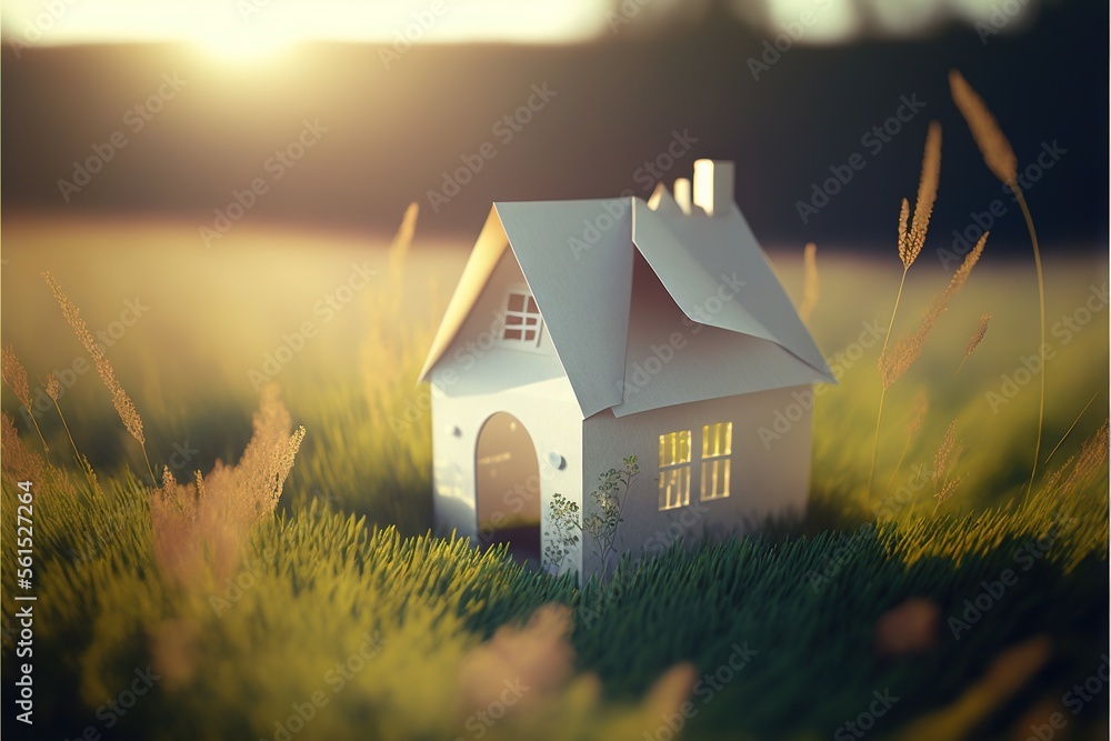 Poster a small house sitting in the middle of a field of grass with the sun shining on it's roof and window