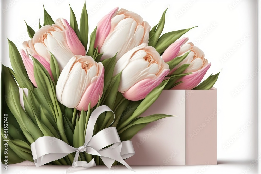 Aufkleber a bouquet of flowers in a gift box with a bow on a white background with a shadow of a bow on the bo