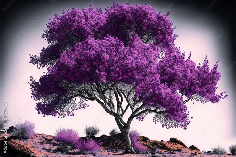 Poster a purple tree in a desert area with rocks and grass around it and a sky background with a pink sky a