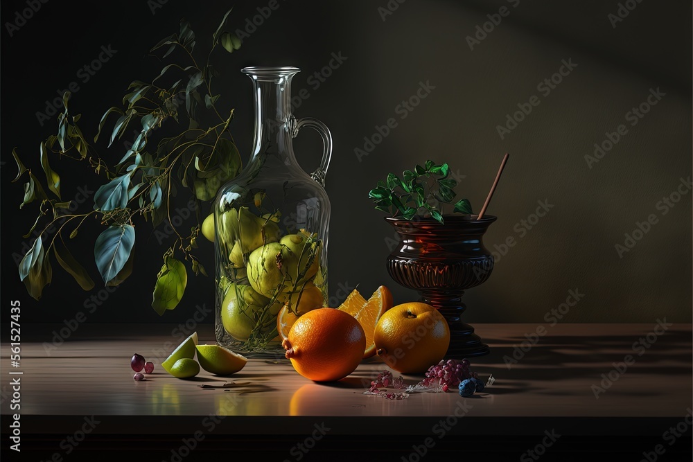 Poster a still life of fruit and a vase of leaves and a plant in a vase on a table with a dark background a