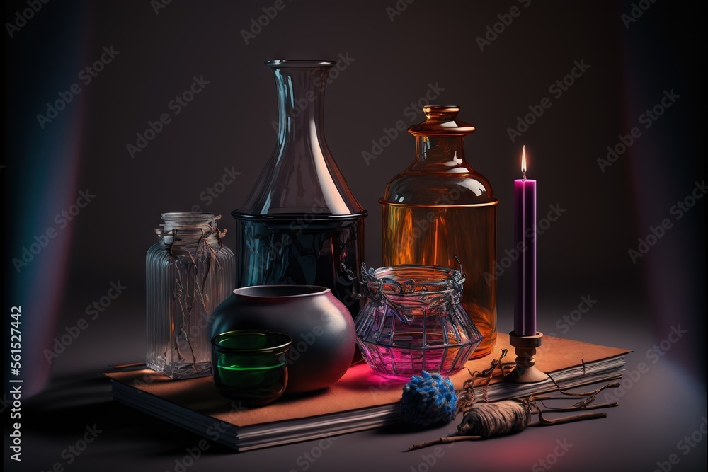 Poster a table topped with vases and candles on top of a table cloth next to a book and a candle holder on 