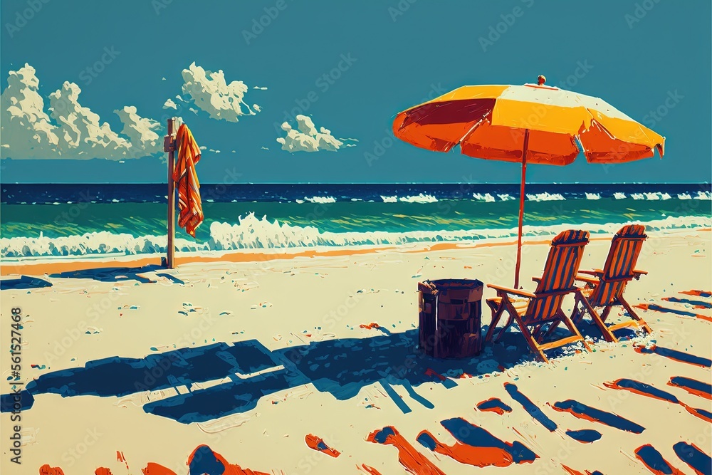 Poster a painting of two chairs and an umbrella on a beach with the ocean in the background and a blue sky 