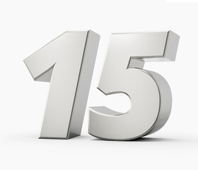 Silver 3d numbers 15 Fifteen. Isolated white background 3d illustration
