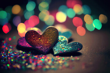Beautiful colorful glittering hearts on the colorful bokeh background, rainbow hearts, sequins, St. Valentine's Day, Generative AI