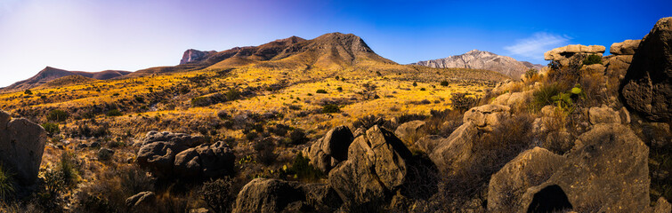 Guadalupe Mountains National Park wilderness landscape at cloudy twilight, with views of El...